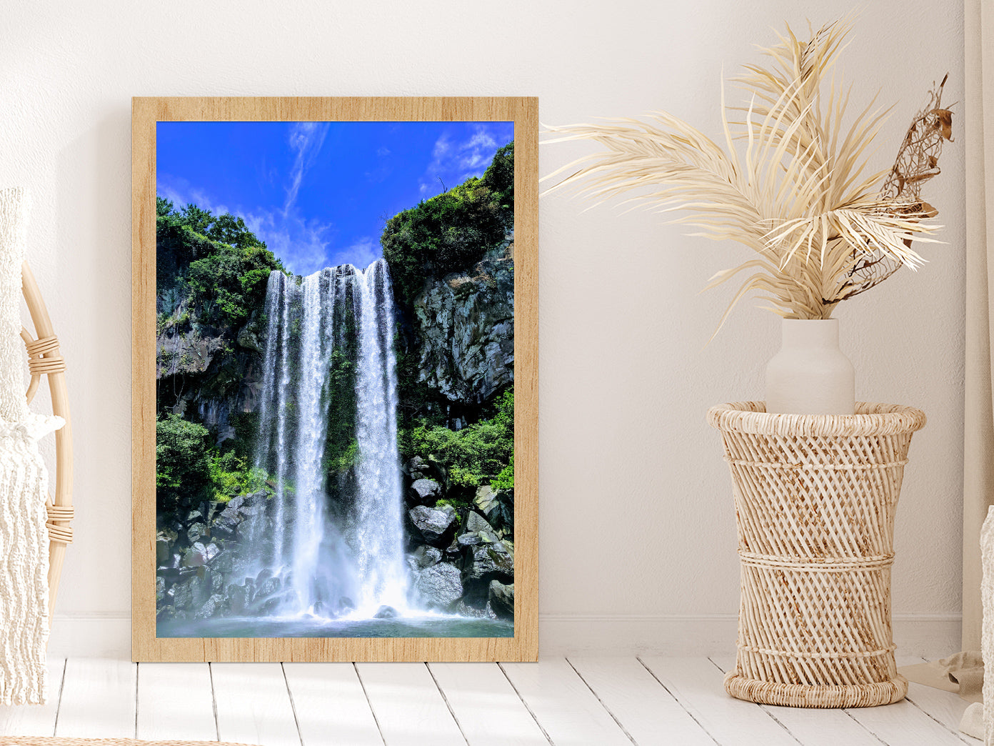 Rocky Mountain & Jeju Waterfall Glass Framed Wall Art, Ready to Hang Quality Print Without White Border Oak