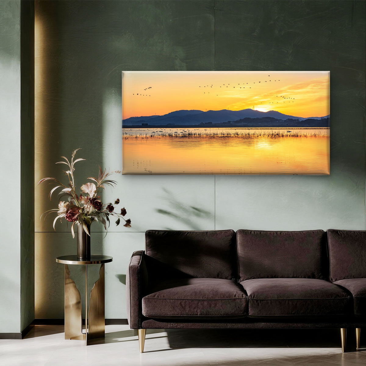 Sunset Lake Birds Flying Horizon Wall Art Canvas Office Home Room Framed 120x60cm