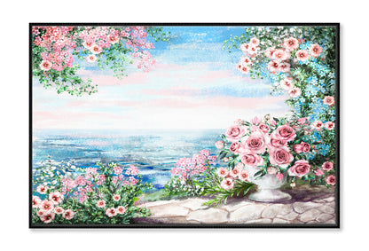 Blue Sea, Pink Flower Rose In Vase & Leaf View On Ocean Oil Painting Wall Art Limited Edition High Quality Print Canvas Box Framed Black