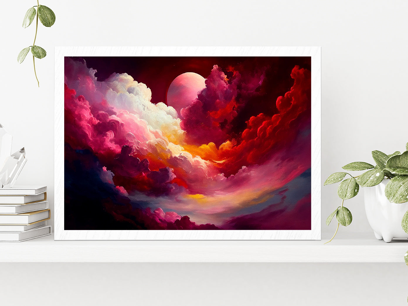 Red Mixed Colorful Cloudy Sky With Moon Glass Framed Wall Art, Ready to Hang Quality Print Without White Border White