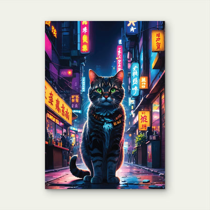 Cyberpunk Neon Tokyo Alley Cat 60x90cm Metal Print Ready to Hang