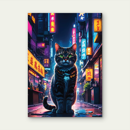 Cyberpunk Neon Tokyo Alley Cat 60x90cm Metal Print Ready to Hang