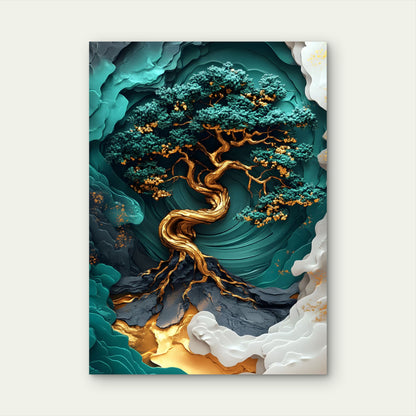 Gold Emerald Twisted Bonsai 40x60cm Metal Print Ready to Hang