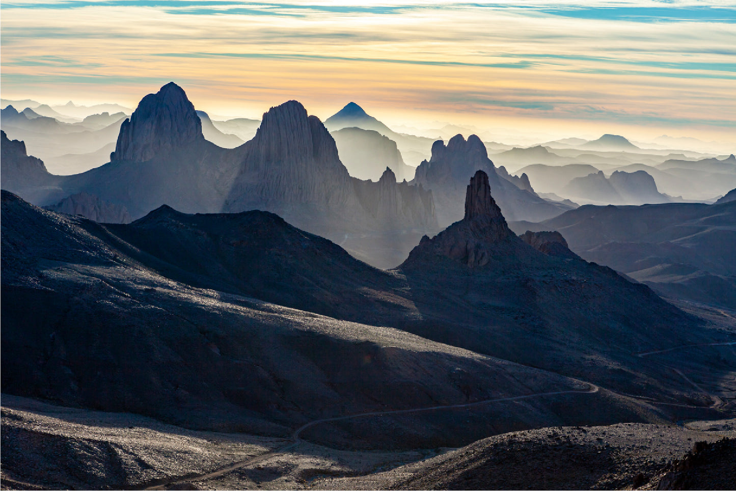 Ahaggar Mountains View At Sunrise Glass Framed Wall Art, Ready to Hang Quality Print