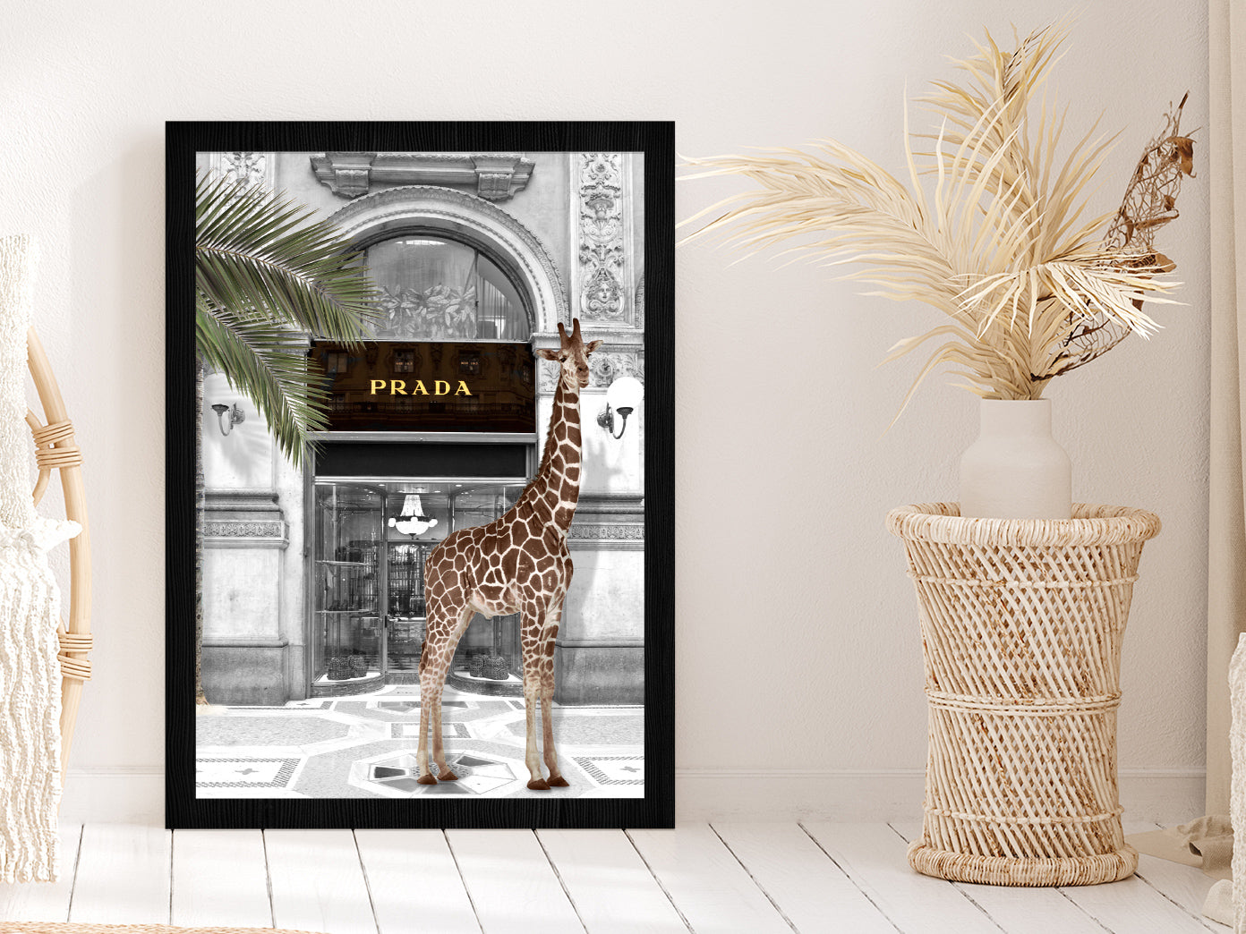 Girrafe near Fashion Store Digital Art Glass Framed Wall Art, Ready to Hang Quality Print Without White Border Black