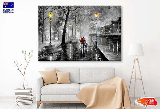 Couple with Dog Walking on B&W Street Night Watercolor Wall Art Limited Edition High Quality Print