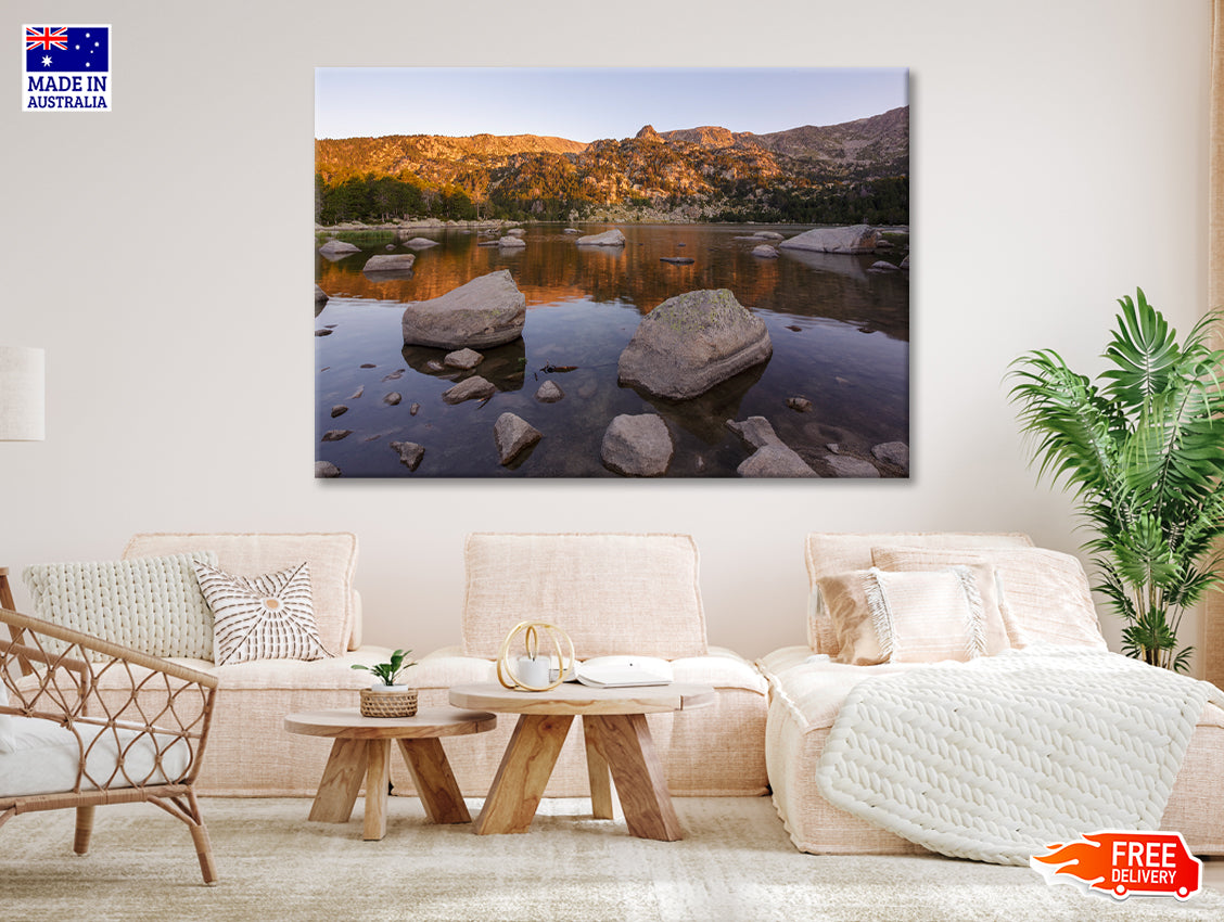 A Lake Surrounded By Rocks and Trees Print 100% Australian Made