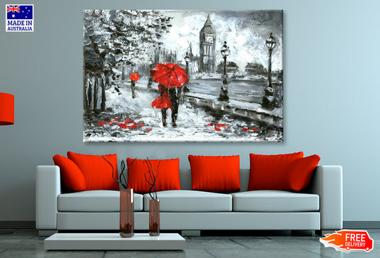 Red Umbrella Couple & Big Ben B&W Oil Painting Wall Art Limited Edition High Quality Print