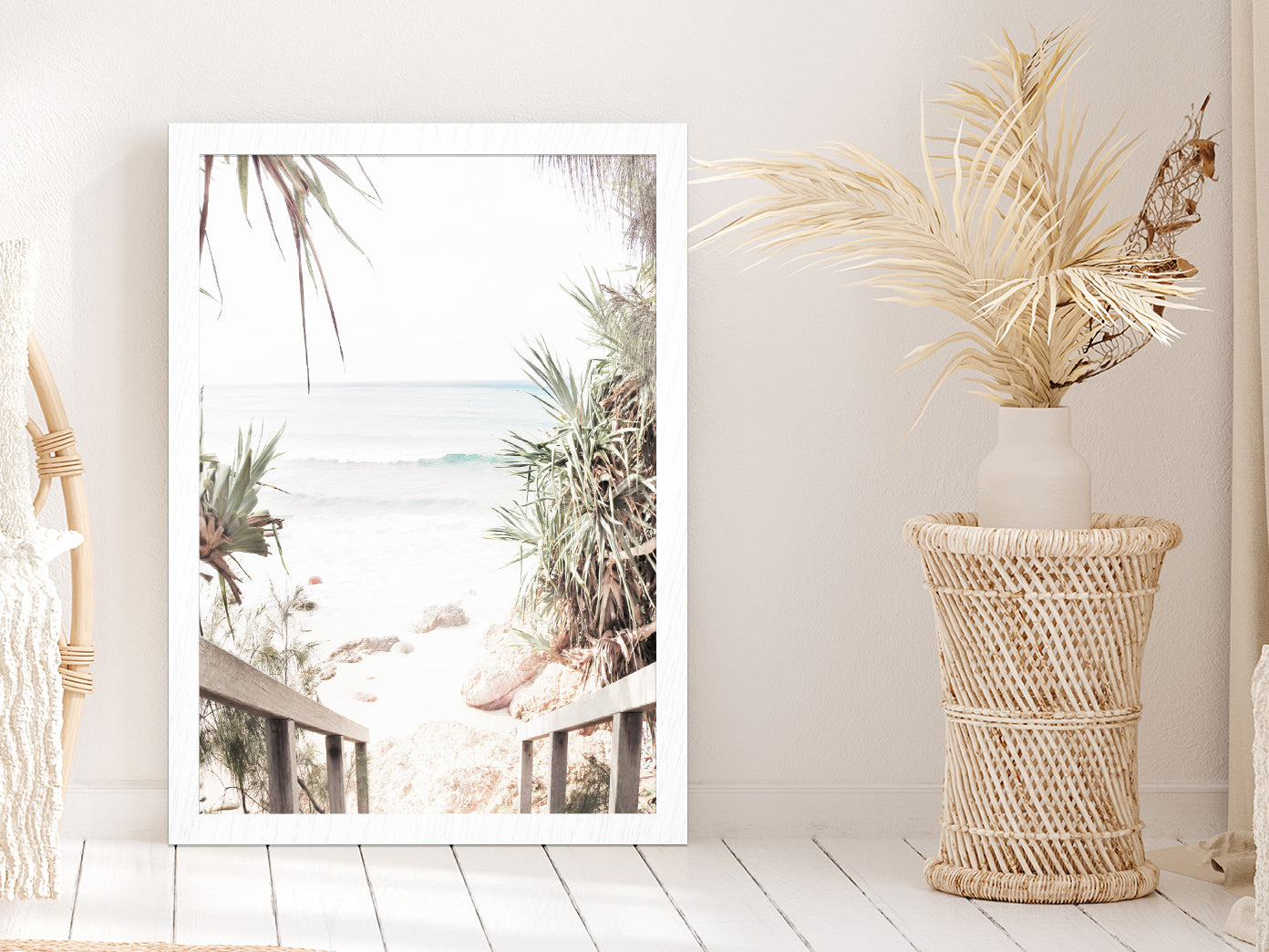 Wooden Pier & Trees near Beach Faded Photograph Glass Framed Wall Art, Ready to Hang Quality Print Without White Border White