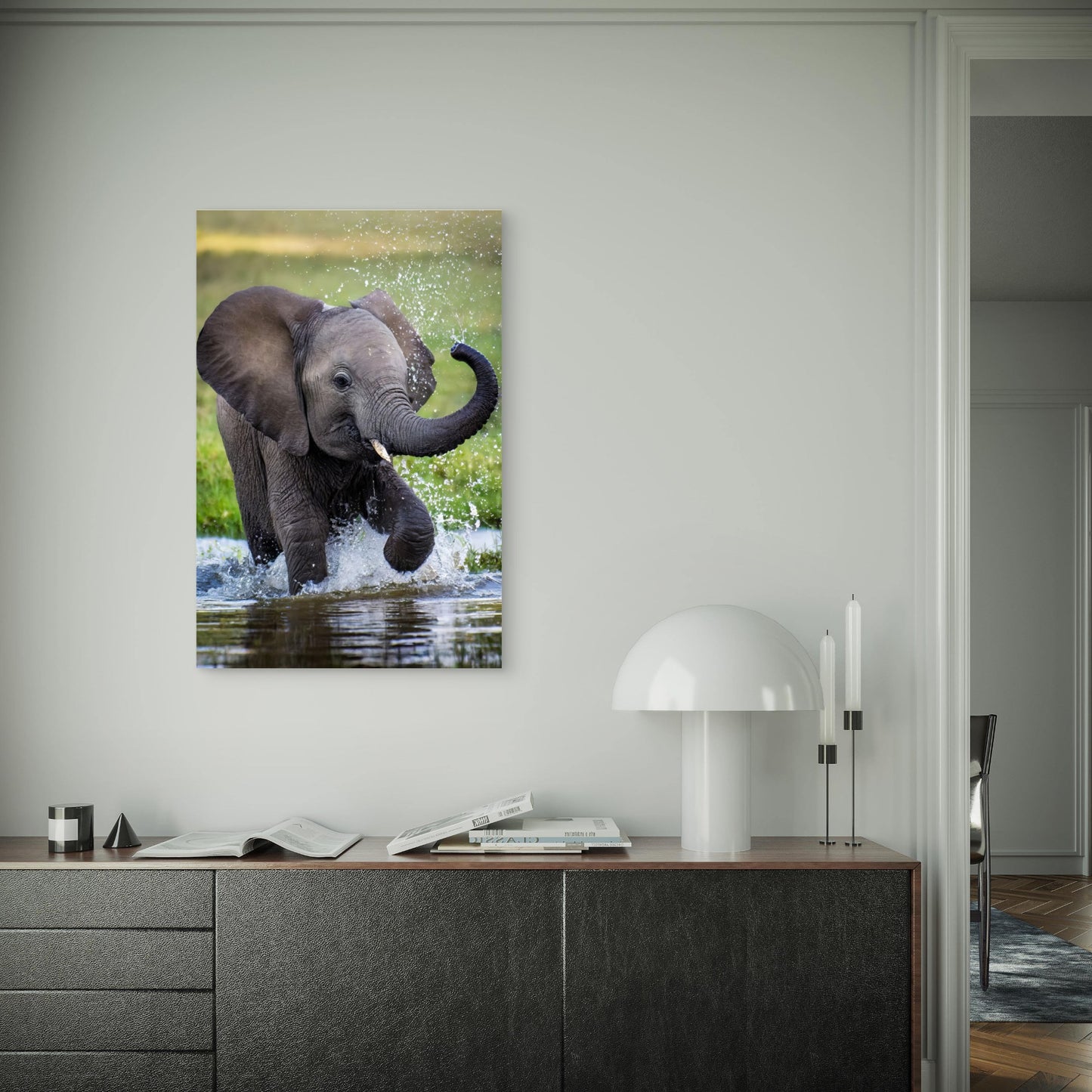 Baby Elephant Splashing Water Nature 60x90cm Metal Print Ready to Hang