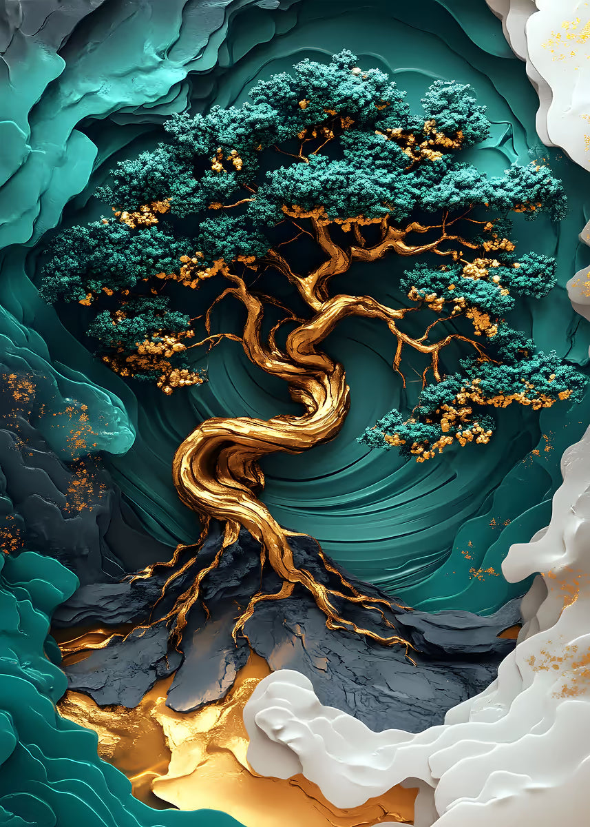 Gold Emerald Twisted Bonsai 60x90cm Metal Print Ready to Hang