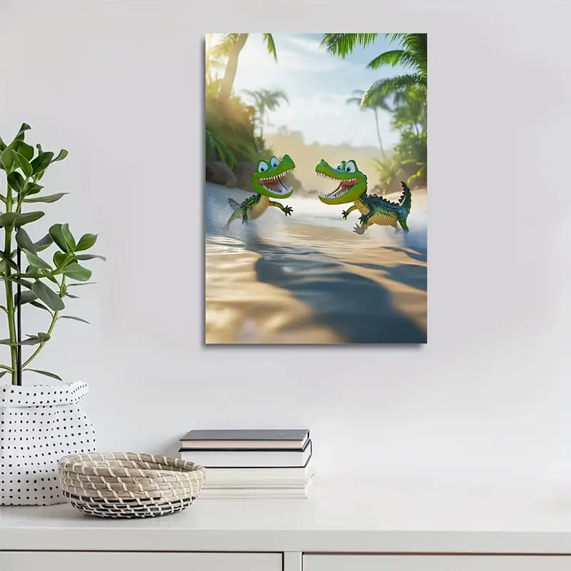 Cartoon Crocodiles Chasing Each Other 40x60cm Metal Print Ready to Hang