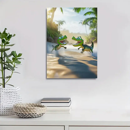 Cartoon Crocodiles Chasing Each Other 40x60cm Metal Print Ready to Hang