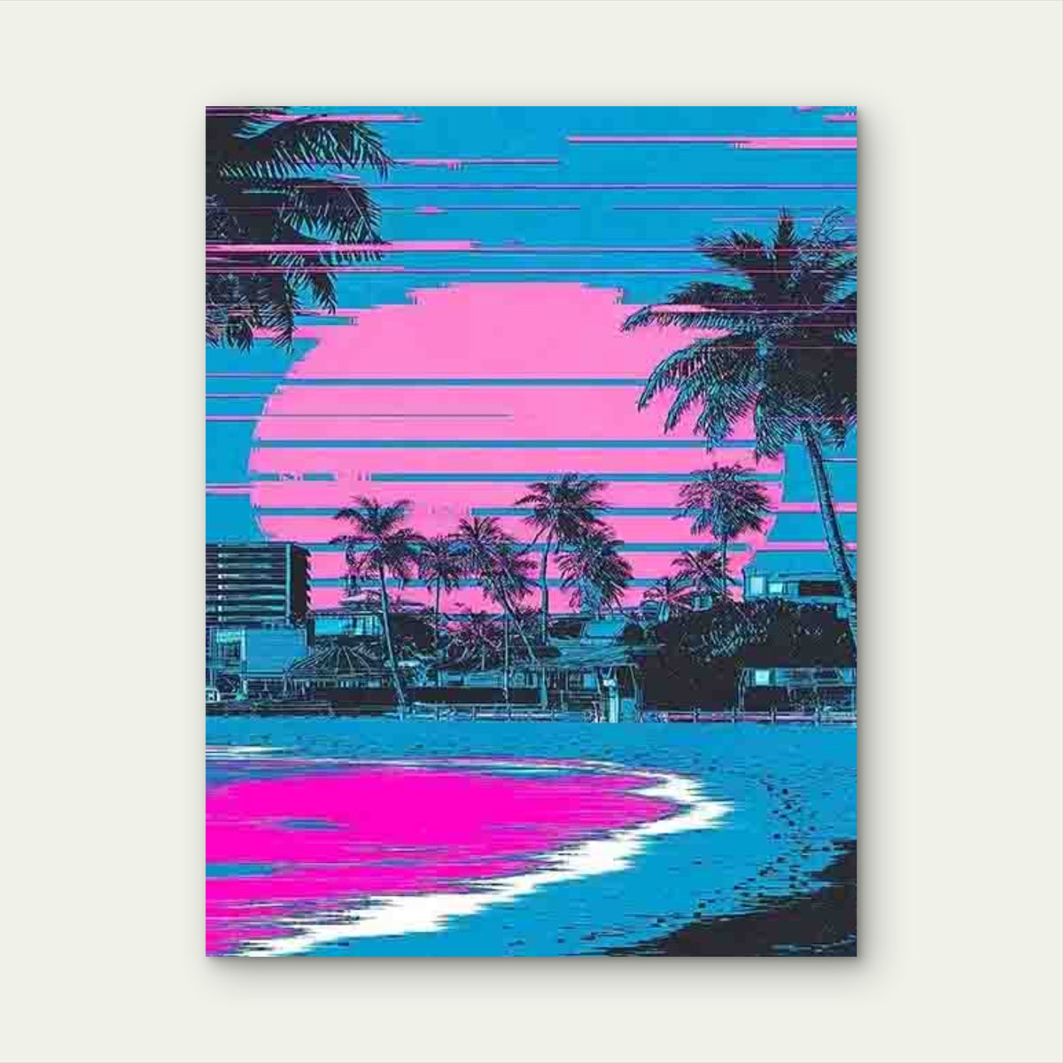 Vibrant Pink & Blue Palm Tree Sunset Metal Print Ready to Hang