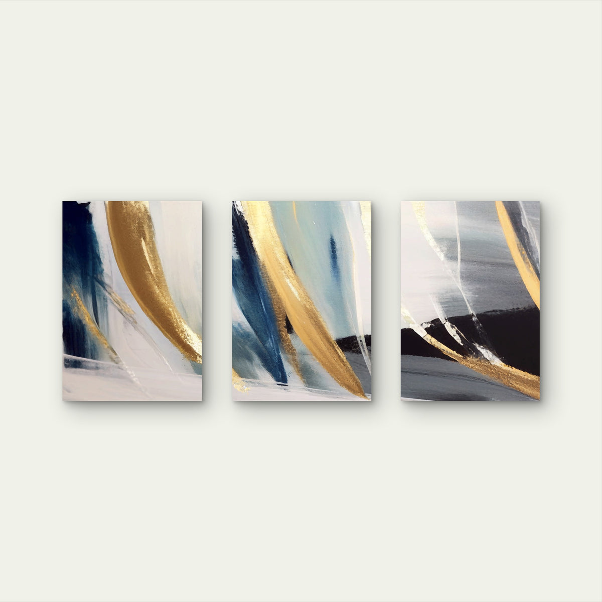 3pcs Navy Gold Foil Metallic Luxury Fluid Wall Art Set Canvas Framed 40x60cm - High Quality Print 100% Australian Made Wall Canvas Ready to Hang