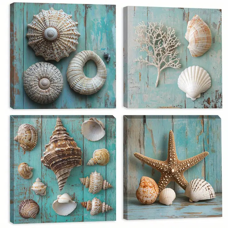 4pcs Nautical Design Paintings, Rustic Turquois  Wall Art Canvas Framed