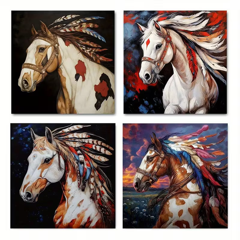 4pcs Horse Head Vibrant Colorful Feathers d Wall Art Canvas Framed