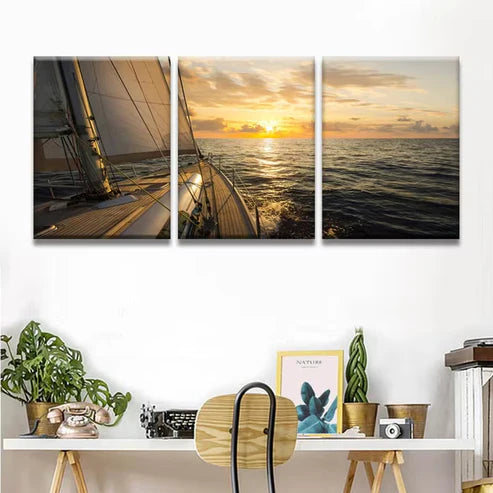 3pcs Sailboats on The Mediterranean Sea Wall Art Set Canvas Framed 50x70cm - High Quality Print 100% Australian Made Wall Canvas Ready to Hang