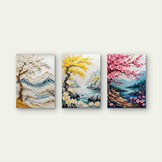 3pcs Textured Floral Landscape And Blossoming Trees Painting Wall Art Set Canvas Framed 50x70cm - High Quality Print 100% Australian Made Wall Canvas Ready to Hang