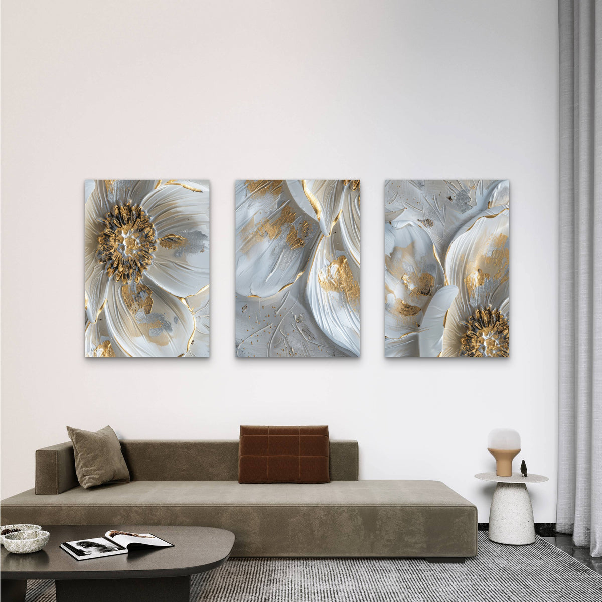 3pcs White Gold Floral Abstract Painting Metal Print Ready to Hang Art