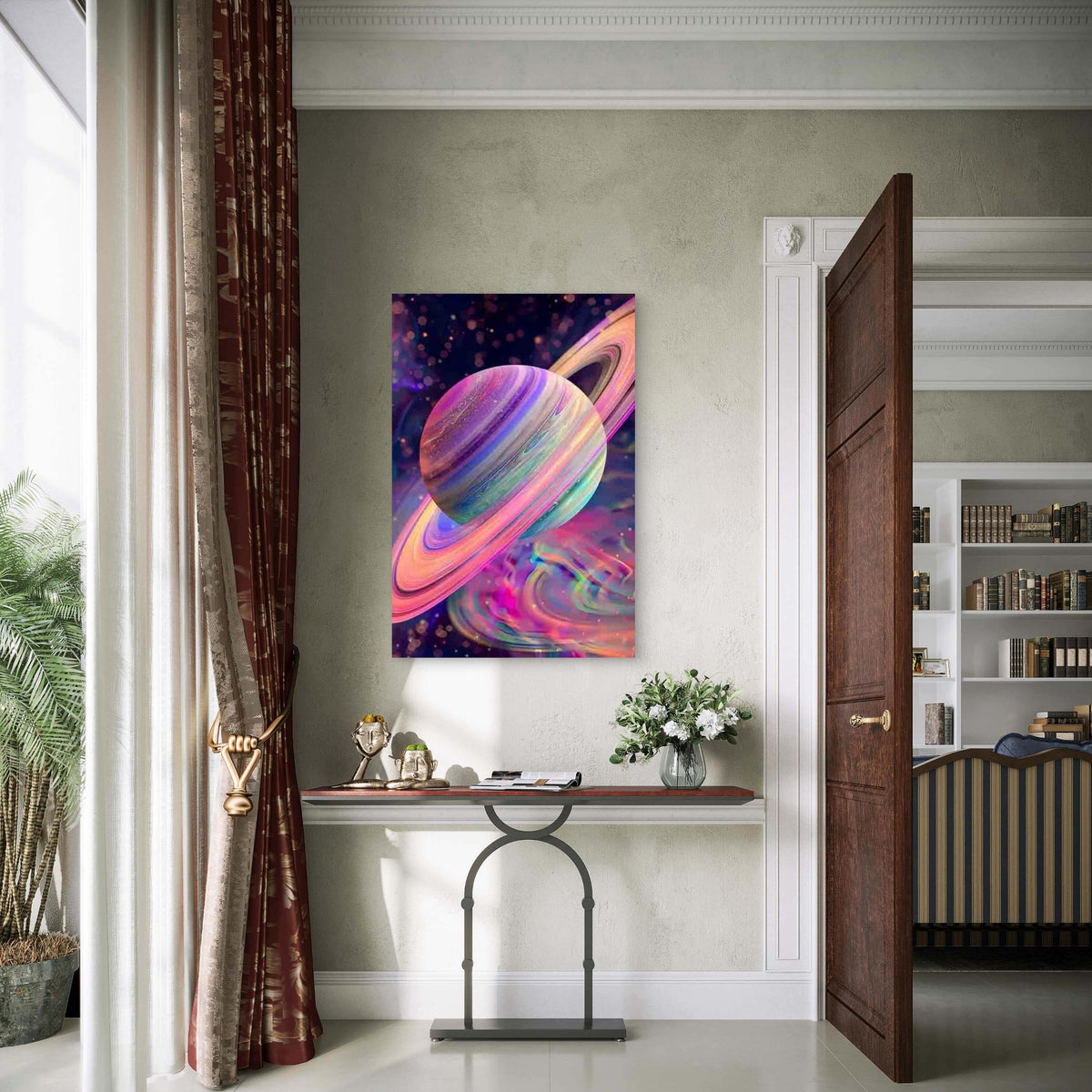 Saturn-Like Ringed Planet & Cosmic Nebula 60x90cm Metal Print Ready to Hang