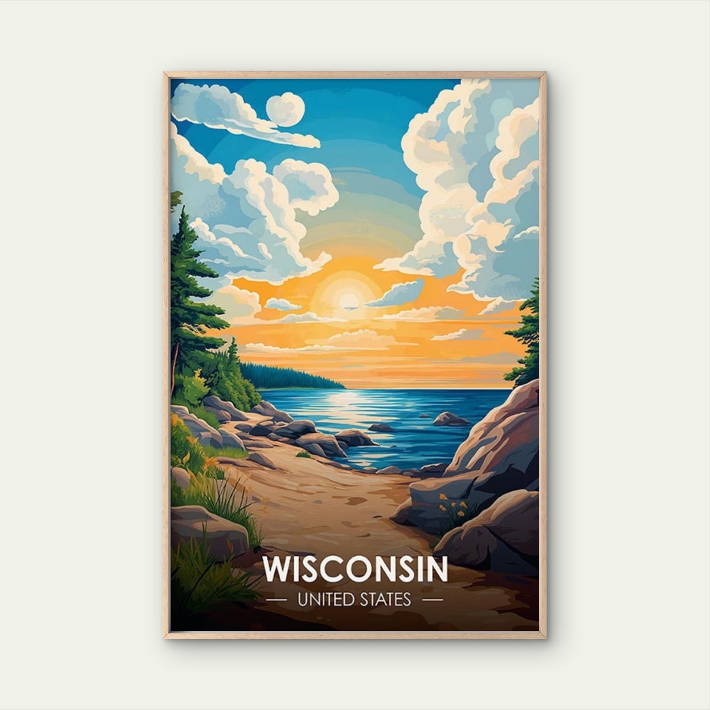 Beautiful Sunset View From Wisconsin Shore Travel Poster Print Wall Art