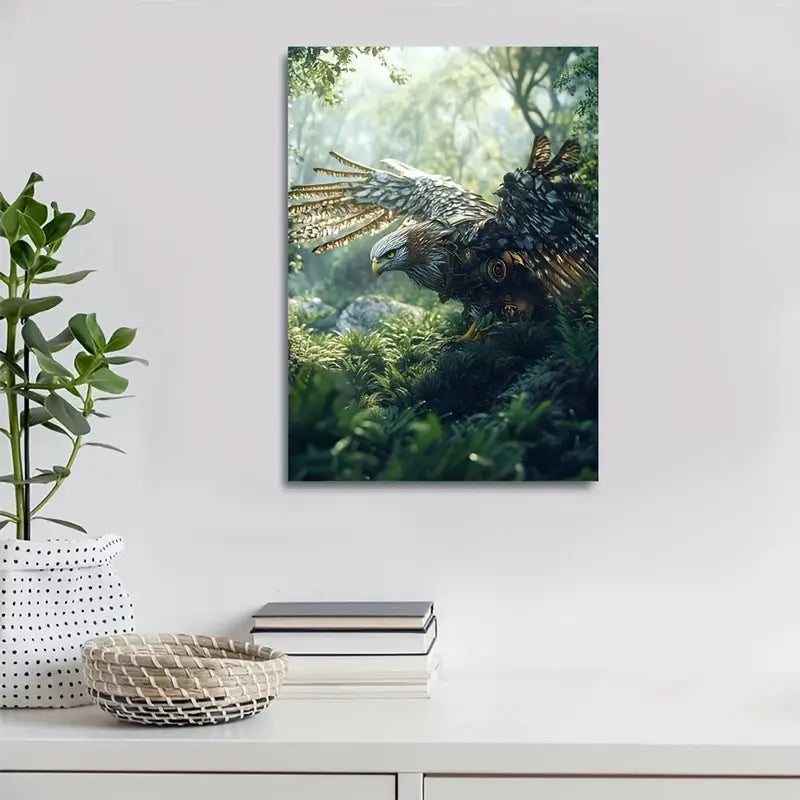 Steampunk Hawk in Jungle Morning Mist & Lush Foliage 40x60cm Metal Print Ready to Hang