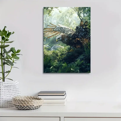 Steampunk Hawk in Jungle Morning Mist & Lush Foliage 40x60cm Metal Print Ready to Hang