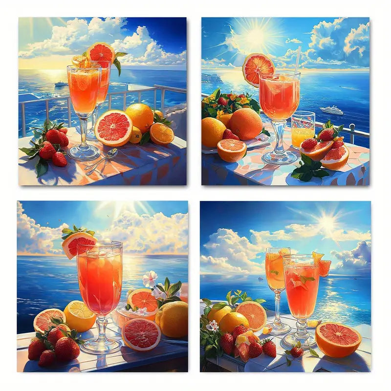 4pcs Seaside Mixed Juice Grapefrui Wall Art Canvas Framed
