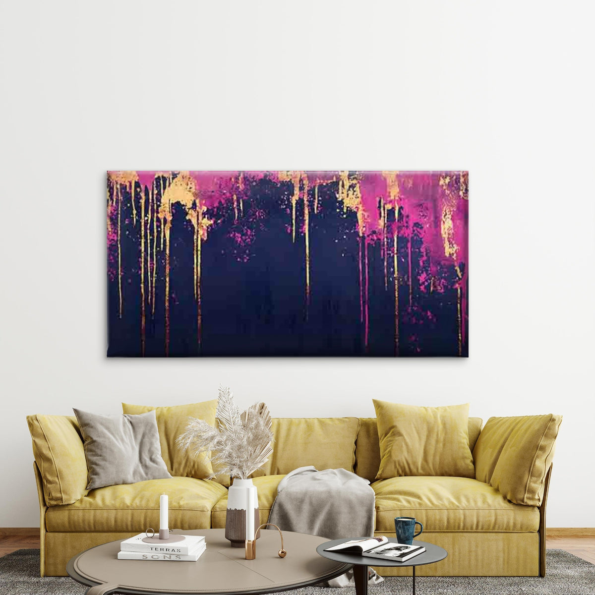 Dark Background with Gold Drip Wall Art Canvas Office Home Room Framed 120x60cm
