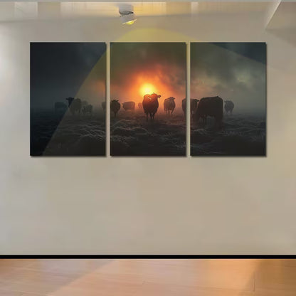 3pcs Rustic Sunset Cows and Sheep Wall Art Set Canvas Framed 60x90cm - High Quality Print 100% Australian Made Wall Canvas Ready to Hang