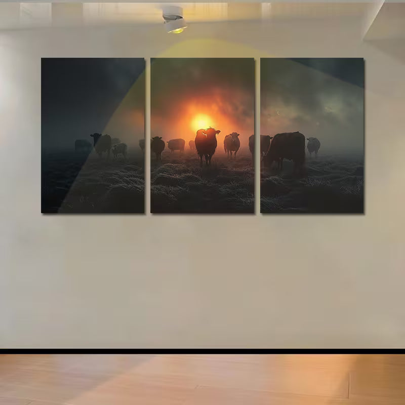 3pcs Rustic Sunset Cows and Sheep Wall Art Set Canvas Framed 50x70cm - High Quality Print 100% Australian Made Wall Canvas Ready to Hang