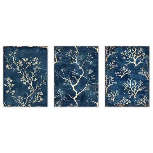3pcs Blue And White Tree Branches Wall Art Set Canvas Framed 50x70cm - High Quality Print 100% Australian Made Wall Canvas Ready to Hang