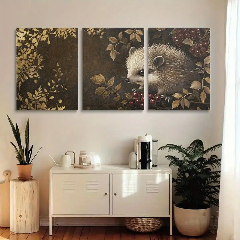 3pcs Cute Hedgehog Charming Animal Design with Floral Metal Print Ready to Hang Art