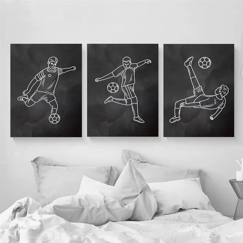 3pcs Minimalist Black & White Football Posters Metal Print Ready to Hang Art