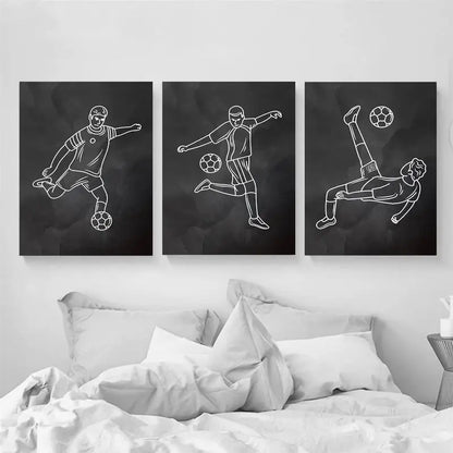 3pcs Minimalist Black & White Football Posters Metal Print Ready to Hang Art