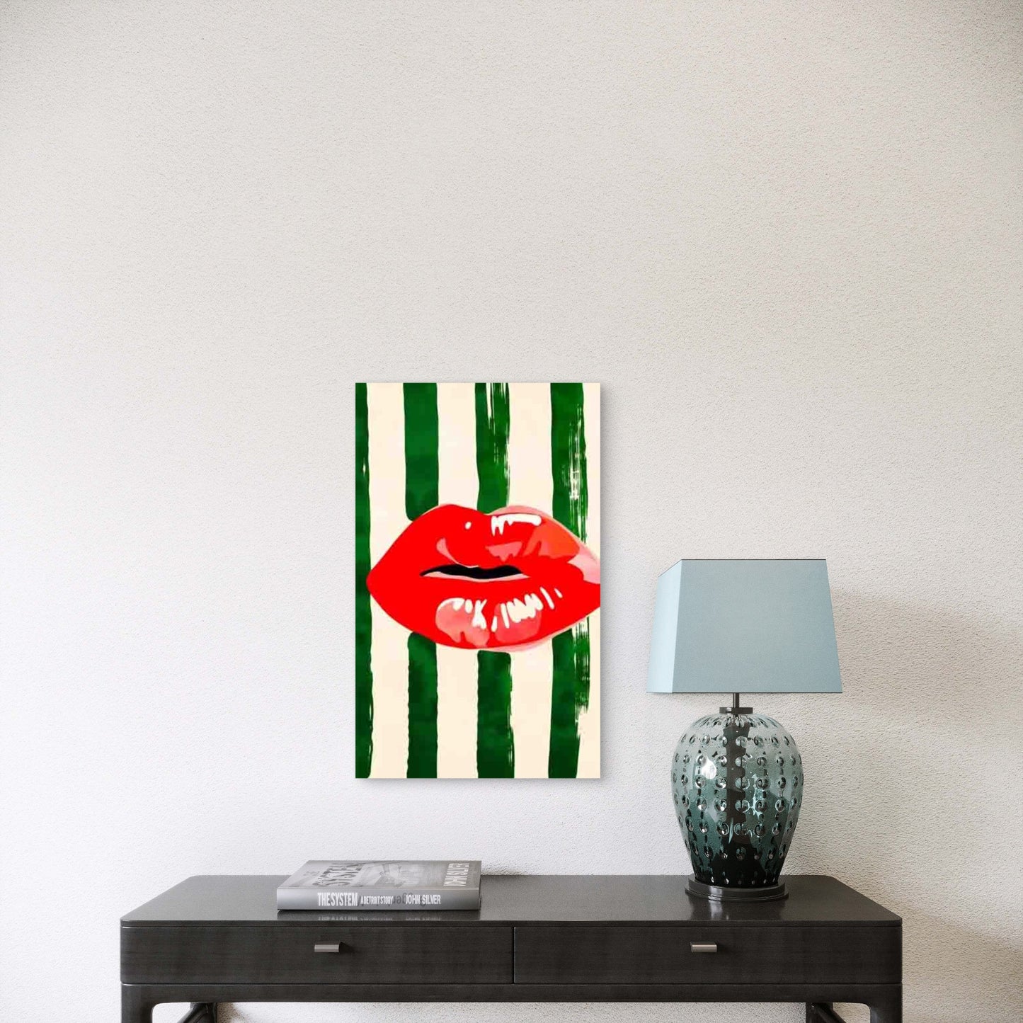 Red Lips In Green And White Stripped Background Metal Print Ready to Hang
