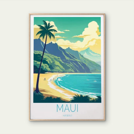 Maui Hawaii Beach & Tropical Palm Trees Travel Poster Print Wall Art