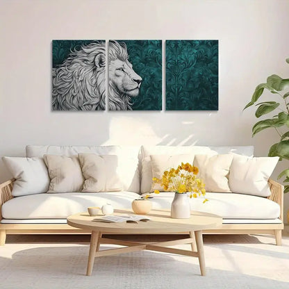 3pcs Teal Patterns, White Lion Head Design Metal Print Ready to Hang Art