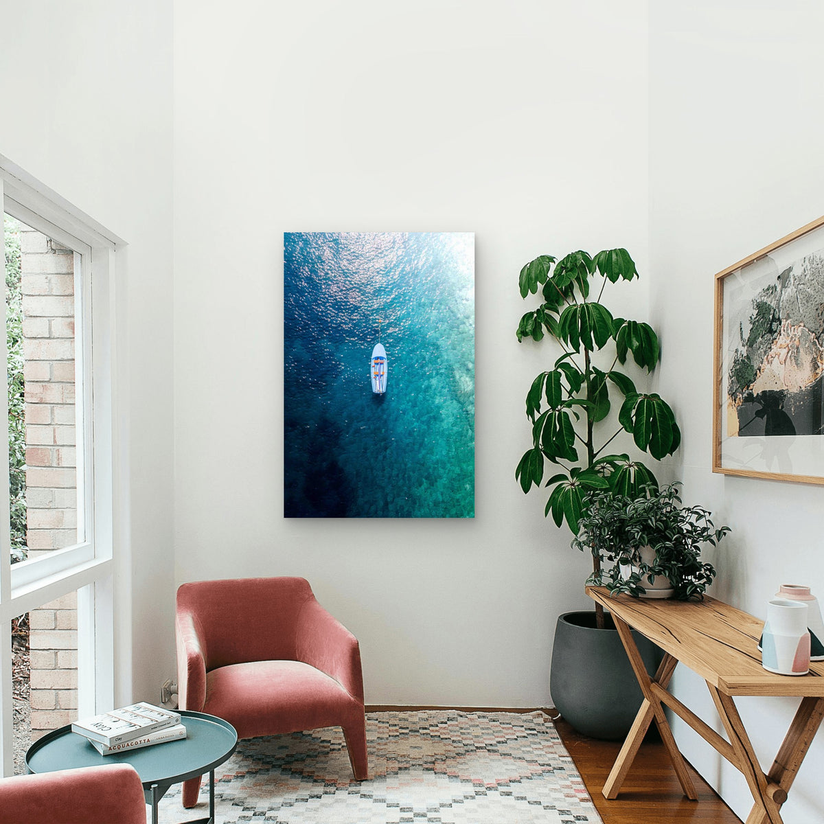 Aerial View Of A Moored Dinghy 60x90cm Metal Print Ready to Hang