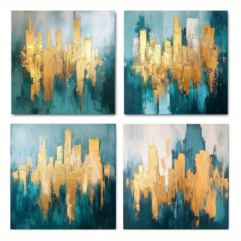 4pcs  Teal Blue & Golden Brushstroke  TB Wall Art Canvas Framed