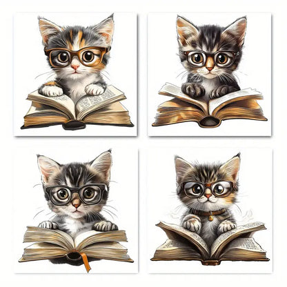 4pcs Whimsical Cat Reading Books With Glasses Wall Art Canvas Framed