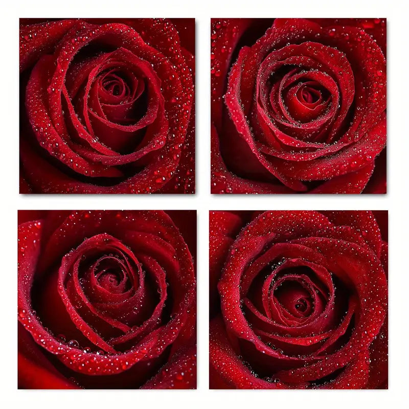 4pcs Vibrant Red Rose Canvas Wall Art Canvas Framed