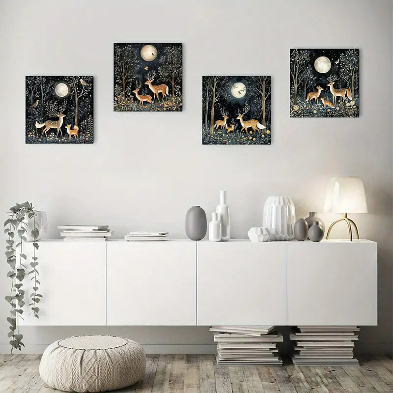 4pcs Deep In The Dark Fores Wall Art Canvas Framed