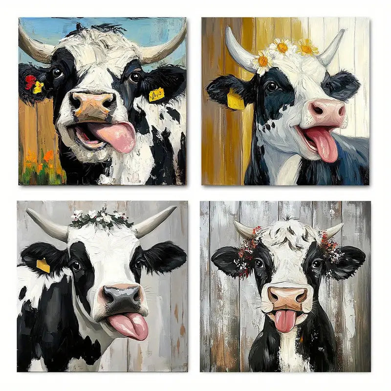 4pcs Black & White Highland Cow With Floral Acc Wall Art Canvas Framed