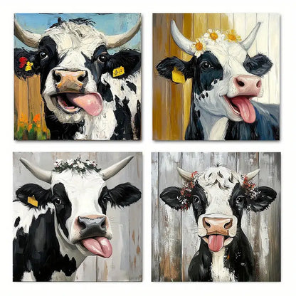 4pcs Black & White Highland Cow With Floral Acc Wall Art Canvas Framed