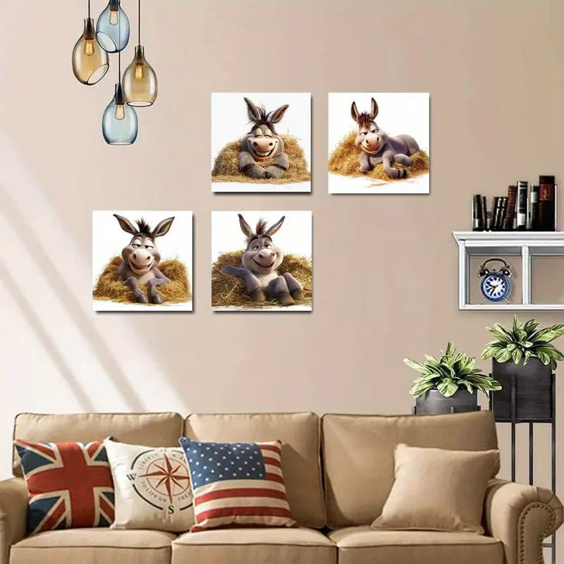 4pcs Happy Donkey Picture HD Wall Art Canvas Framed