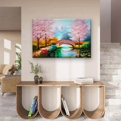 Pink Blossom Bridge Over the Lake Wall Art Decor 100% Australian Made