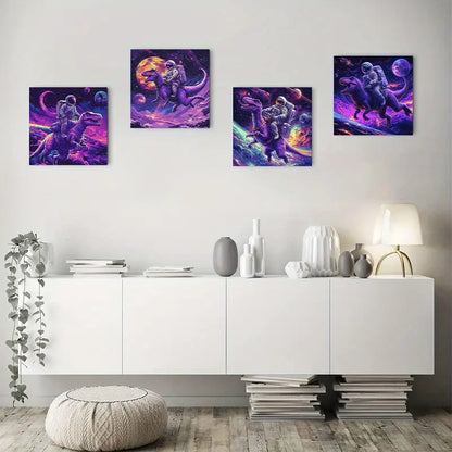 4pcs Astronauts Riding Dinosaurs In Space Wall Art Canvas Framed