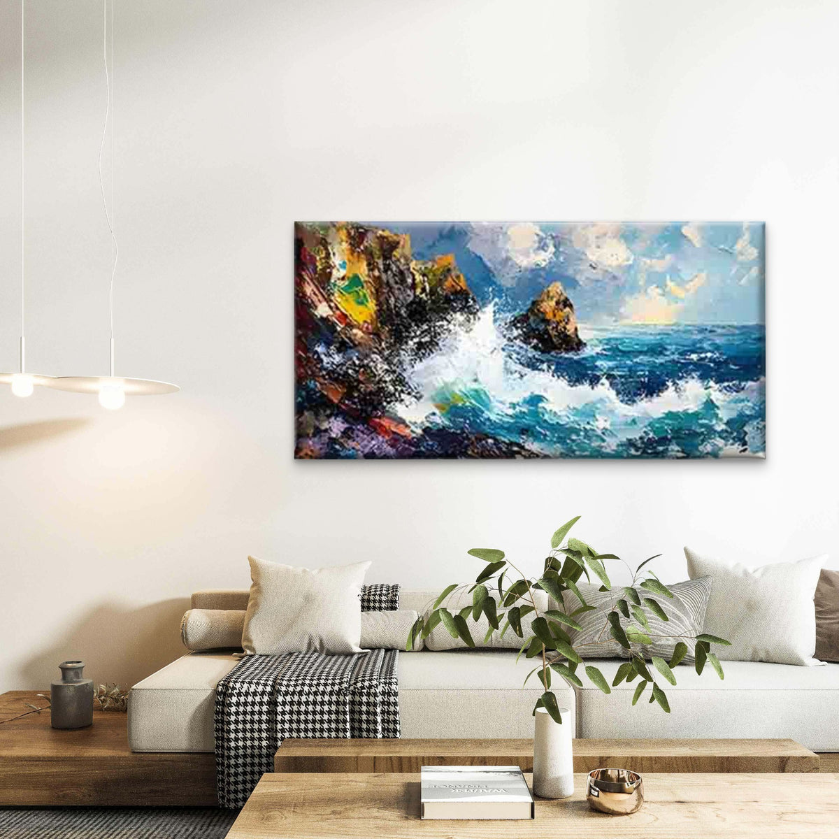 Ocean Waves Crashing Against Wall Art Canvas Office Home Room Framed 120x60cm